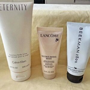 ETERNITY, BEEKMAN 1802, LANCOME BODY OR HAND CREAMS, ONE EACH, NEVER USED,